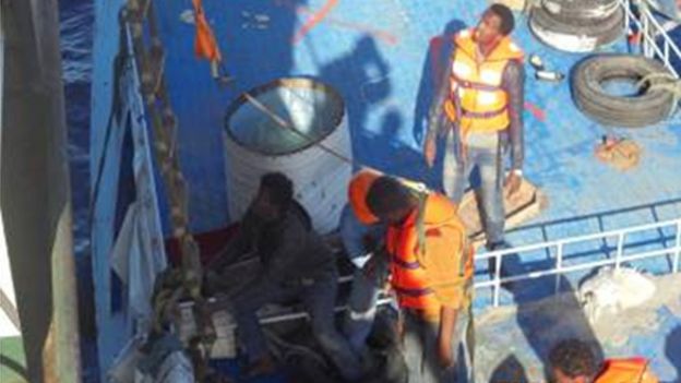 Migrant crisis: 'My wife and my baby drowned in front of me' - BBC 1 Rescued migrants are taken off the boat