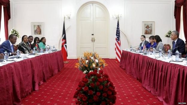 Kenya's President Uhuru Kenyatta and US President Barack Obama participate in a bilateral meeting at the State House in Nairobi 25/07/2015