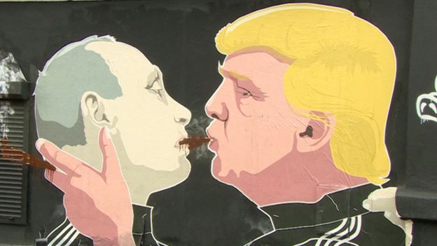 Wall mural shows Donald Trump locked in embrace with Russian President Vladimir Putin