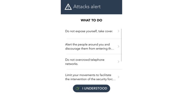 Screenshot of the app's advice during an attack, telling users to not expose themselves, alert others, not overcrowd telephone networks and limit movements