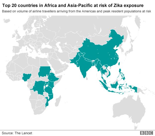 Map of countries in Africa and Asia-Pacific region most at risk of Zika virus