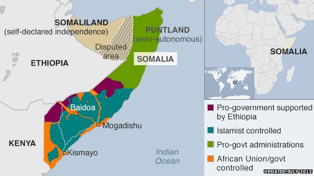 map showing who controls which parts of Somalia