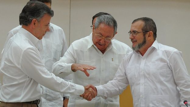 Juan Manuel Santos e Timochenko