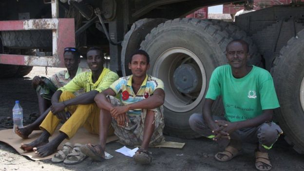 Ethiopian truckers waiting in the shade in Djibouti before setting off back to Ethiopia with imported goods