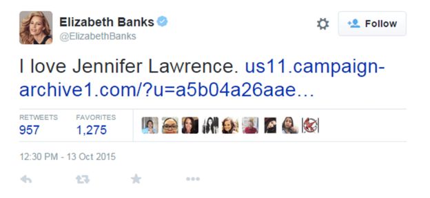 Elizabeth Banks tweeted 'I love Jennifer Lawrence'