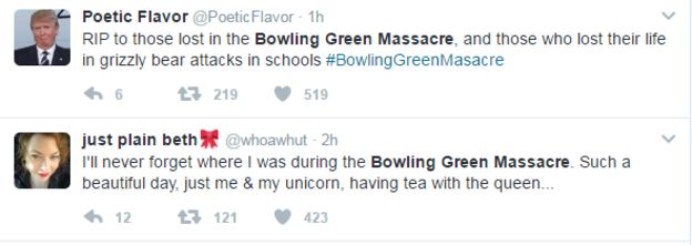 Una captura de pantalla que muestra dos tuits que hacen burla de la masacre de Bowling Green.