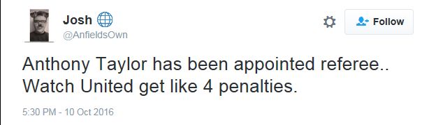 Tweet from a Liverpool fan questioning Anthony Taylor's appointment