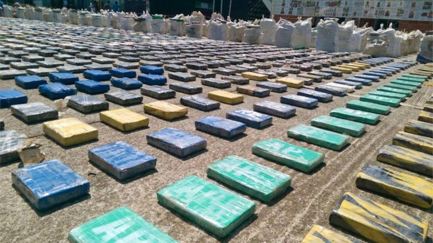 Confiscated packages of cocaine in Turbo, Colombia, 15 May 2016