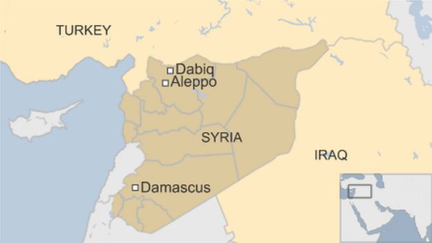 map of Syria showing capital Damascus, Aleppo and Dabiq