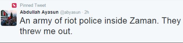 A tweet by Zaman journalist Abdullah Ayasun