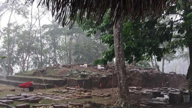 Ruínas de construções em pedra cercadas por árvores no sítio arqueológico de Nim Li Punit