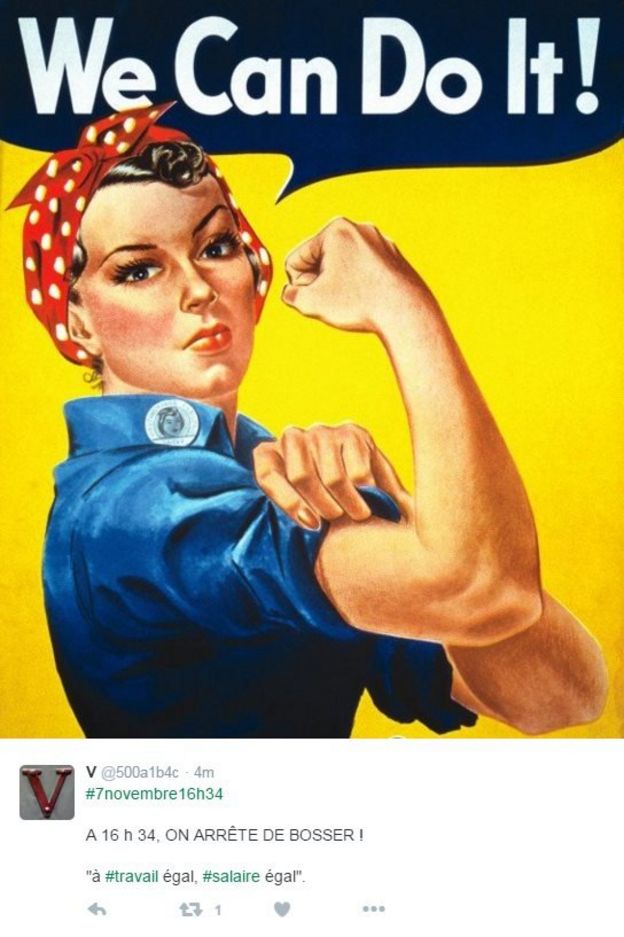 Un tuit con la imagen de la mujer alzando el puño