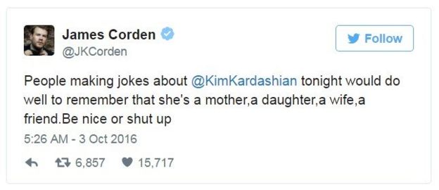 Tweet: People making jokes about Kim Kardashian tonight would do well to remember that she's a mother, a daughter, a wife, a friend. Be nice or shut up.