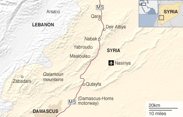 Map showing locations around Qalamoun mountains, Syria