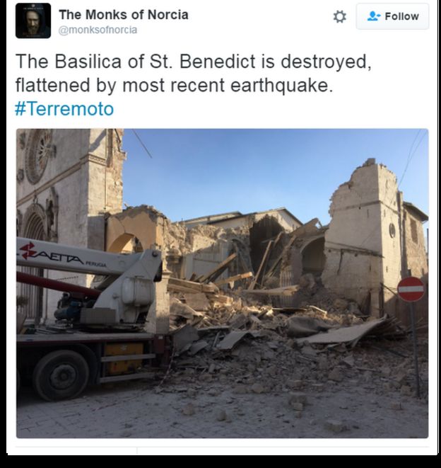 The Monks of Norcia tweeted an image of the Basilica of St. Benedict, destroyed by an earthquake