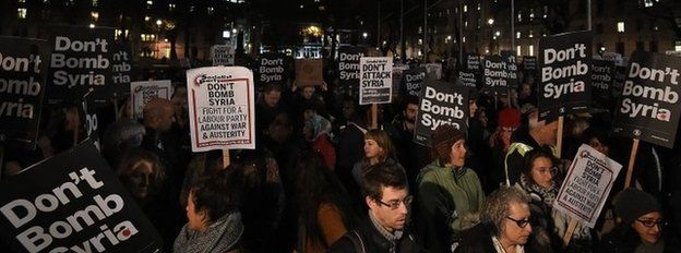 Anti-war protesters took to the streets of London on Tuesday to voice their opposition to bombing targets in Syria