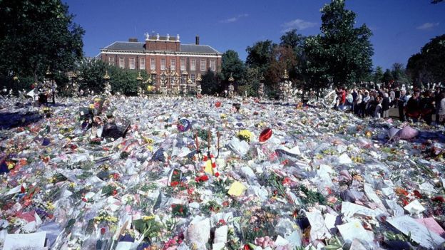戴安娜王妃逝世后堆满致哀花束的肯辛顿宫前地（9/1997）
