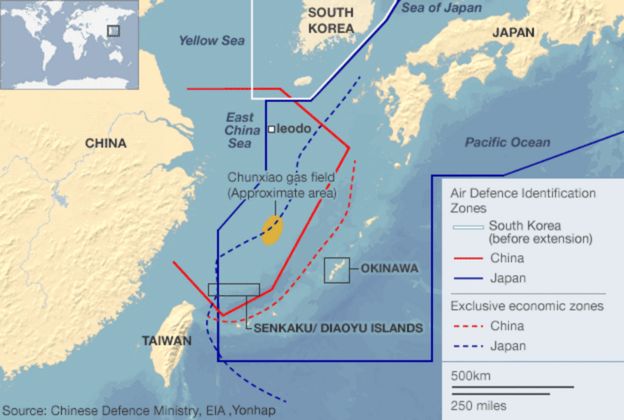 Ramani ya visiwa vya Japan ambapo ndege za China ziliruka juu yake