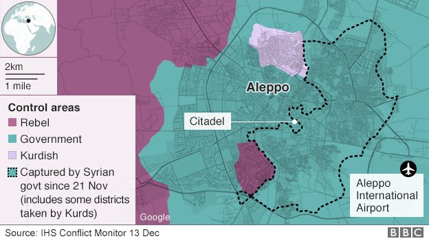 Control areas in Aleppo on 13 Dec
