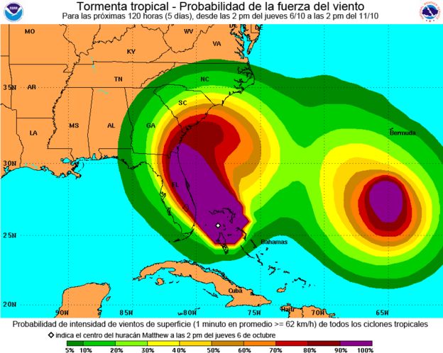 Mapa de los vientos del huracán Matthew