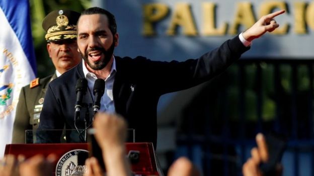 El Salvador's President Nayib Bukele addresses his supporters outside the parliament building in San Salvador. Photo: 9 February 2020