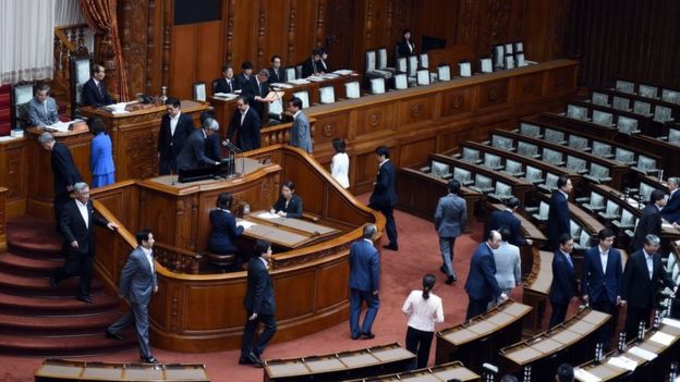 Upper-house politicians cast their ballots on a censure resolution on the President of the House of Councillors Masaaki Yamazaki