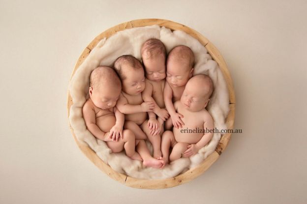 The Tucci quintuplets lie together in a basket with their eyes closed