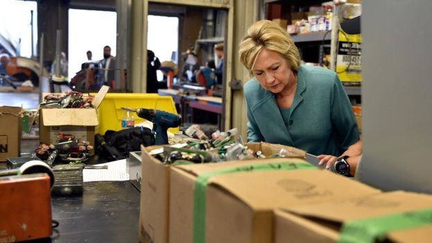 Hillary Clinton touring a factory in Nevada.