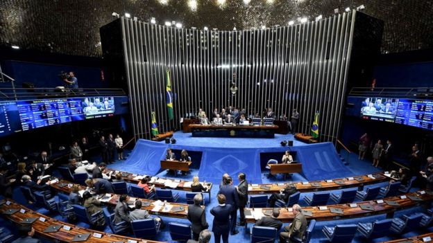 The Brazilian Senate's plenary meeting during the impeachment trial of President Rousseff at the National Congress in Brasilia