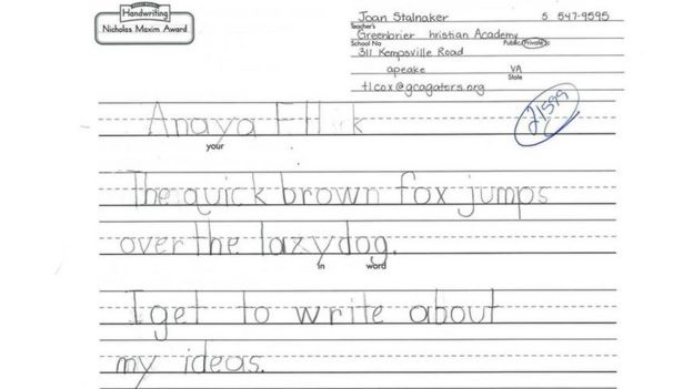 Picture showing Anaya Ellick's entry for handwriting contest