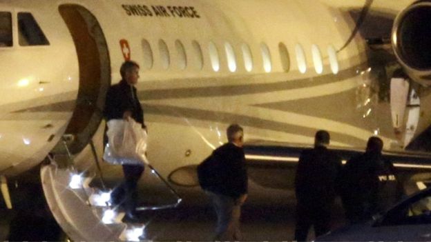 Swiss plane believed to be carrying some of the Iranian-Americans freed by Iran at Geneva airport on Sunday evening