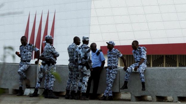 Senegalese security forces guard a hotel in the capital Dakar