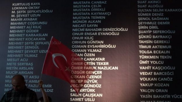 A board listing the names of people killed during the failed coup attempt at Taksim Square in Istanbul (20 July 2016)