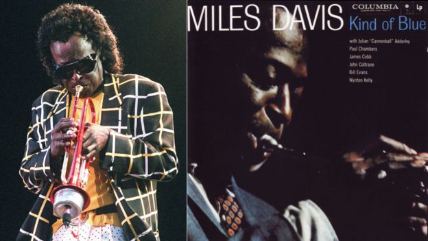 Miles Davis in 1991 and the cover of Kind of Blue