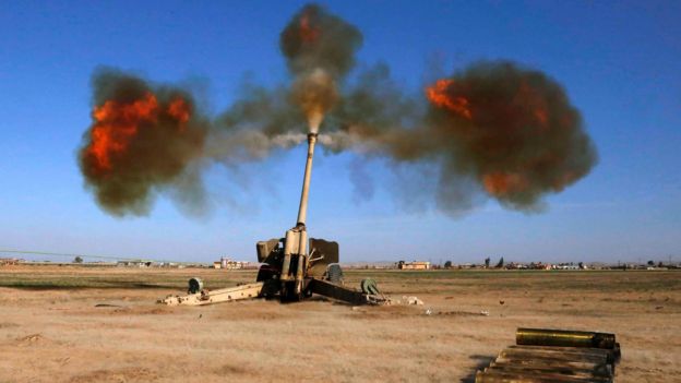 Iraqi forces target IS positions in the village of Badoush, some 15km northwest of Mosul, during the battle to retake the city, 9 March 2017