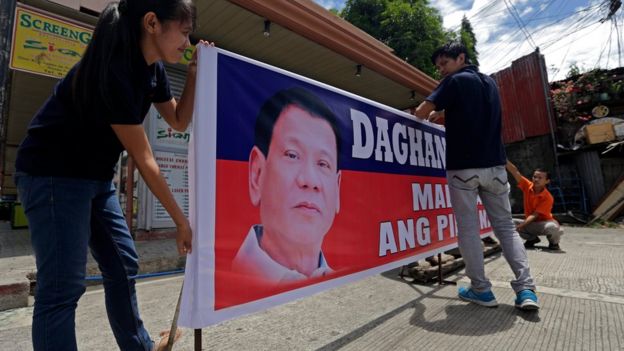 Congratulation banner for Rodrigo Duterte installed in Davao, southern Philippines, on 10 May 2016