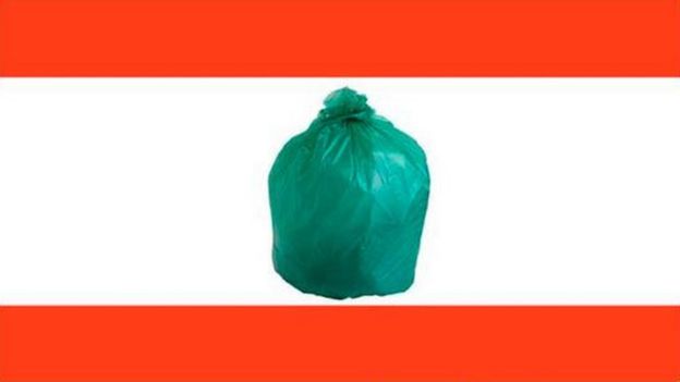 Twitter image depicting the flag of the Lebanon with the tree in the middle replaced by a green trash bag
