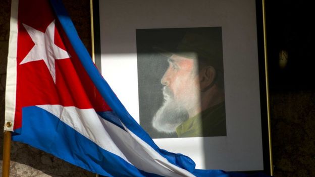 An image of Fidel Castro and a Cuban flag are displayed in honour of Castro the day after he died, inside the foreign ministry in Havana, Cuba, on 26 November 2016