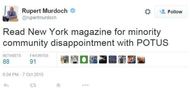 Murdoch tweets: Read New York magazine for minority community disappointment with POTUS