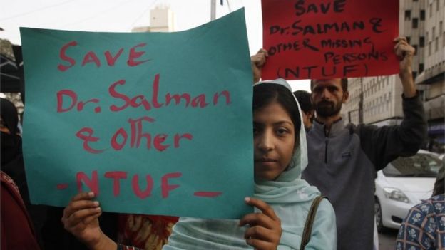 Activists of Pakistan civil society rally to condemn the missing human rights activist Salman Haider, in Karachi, Pakistan, Monday, January 9, 2017