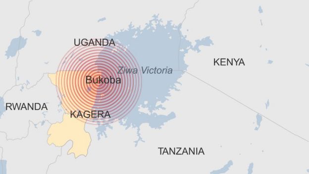 Kitovu cha tetemeko hilo kilikuwa karibu na mji wa Bukoba