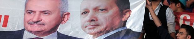 A banner of Binali Yildirim (left) and Recep Tayyip Erdogan at the AKP congress in Ankara, 22 May