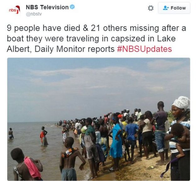 Tweet from NBSTV reads: 9 people have died & 21 others missing after a boat they were travelling in capsized in Lake Albert