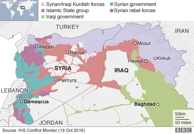 Map showing control of Iraq and Syria (19 October 2016)