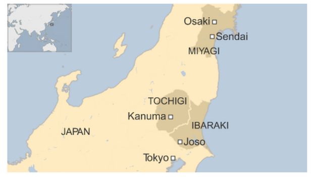 Map of Japan showing Tochigi, Ibaraki and Miyagi prefectures