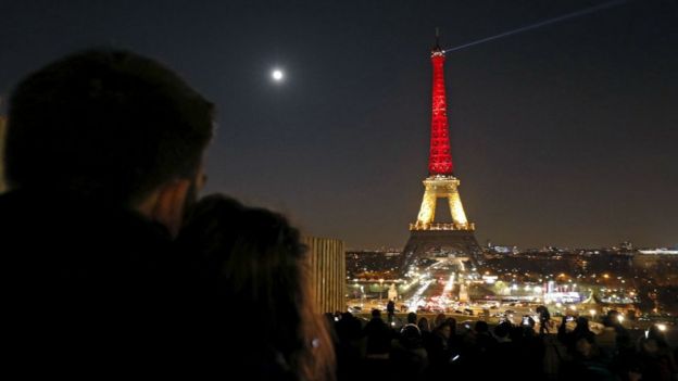 Eiffel Tower lit up in the colours of the Belgian flag. 22 March 2016