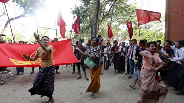 Mothers of the student activists dance after their sons and daughter were discharge from the TharYarwaddy district court in Bago division, Myanmar, 08 April 2016.