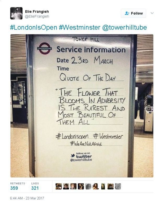Tweet of message from Tower Hill tube station
