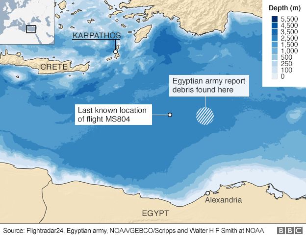 A map showing the where an EgyptAir flight went missing