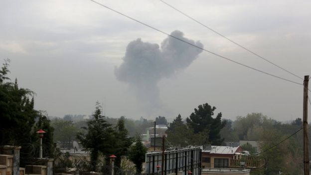 Smoke rises after a suicide attack in Kabul, Afghanistan, on 19 April 2016